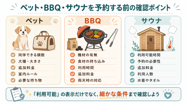 ペット・BBQ・サウナの確認事項