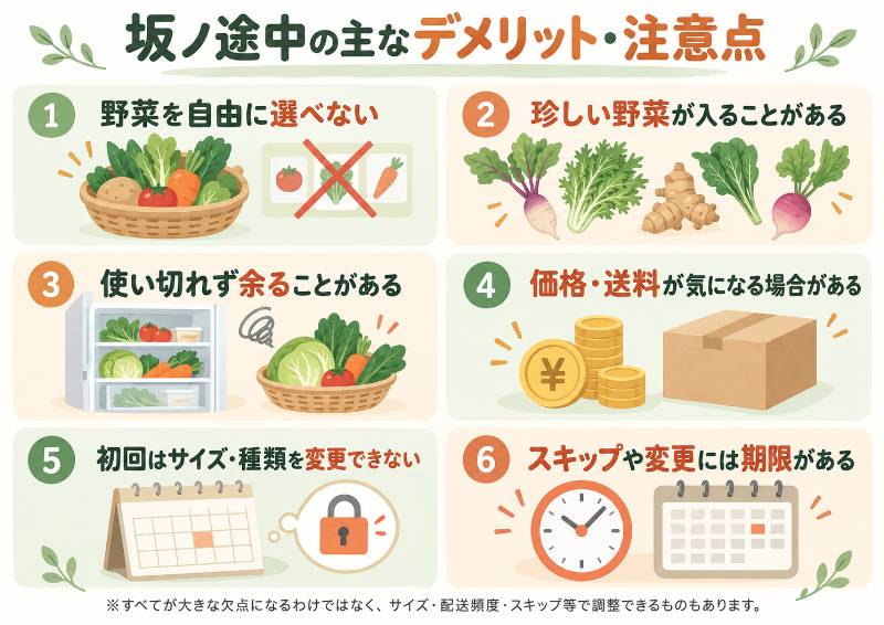 坂ノ途中の主なデメリット・注意点を6項目で整理した図解