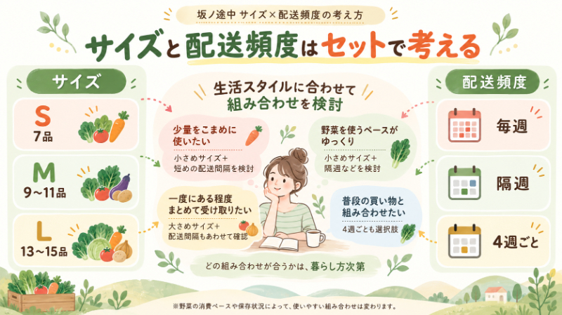S・M・Lと毎週・隔週・4週ごとの組み合わせ方を整理した図