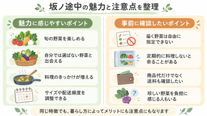 坂ノ途中のメリットと注意点を左右で比較する整理図
